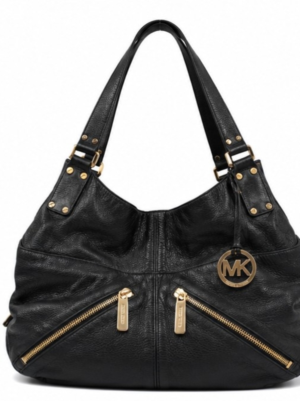 Michael Kors Black Leather Shoulder Bag Gold Hardware MK Charm Zip Pocket Hobo